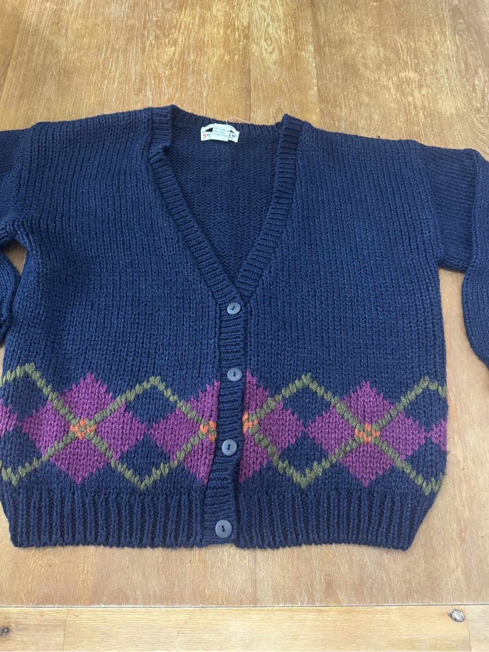 Vintage Navy V-Neck Cardigan Sweater with Argyle Detail Hand Knitted